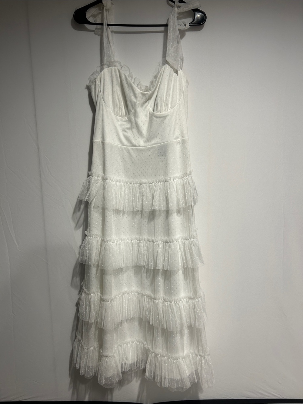Lulu's White Tiered Ruffle Midi Dress with Tie-Strap Shoulders